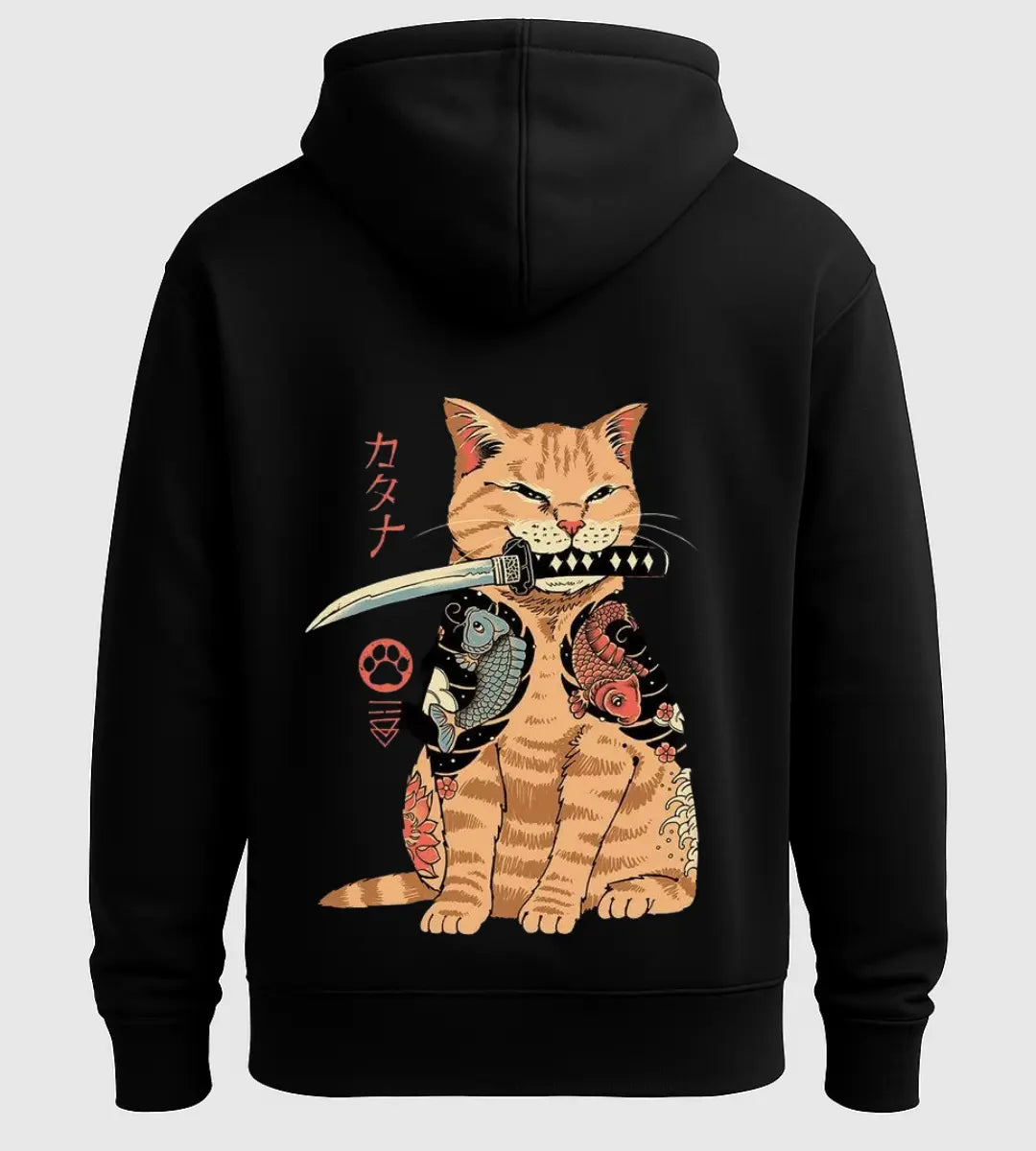Samurai Cat Katana Hoodie Lorinfo