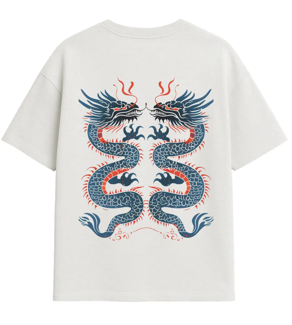 Çift Mavi Ejderha Oversize T-Shirt Lorinfo