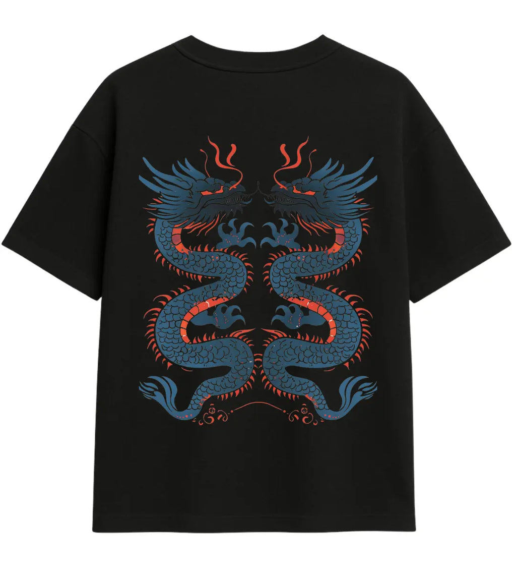 Çift Mavi Ejderha Oversize T-Shirt Lorinfo