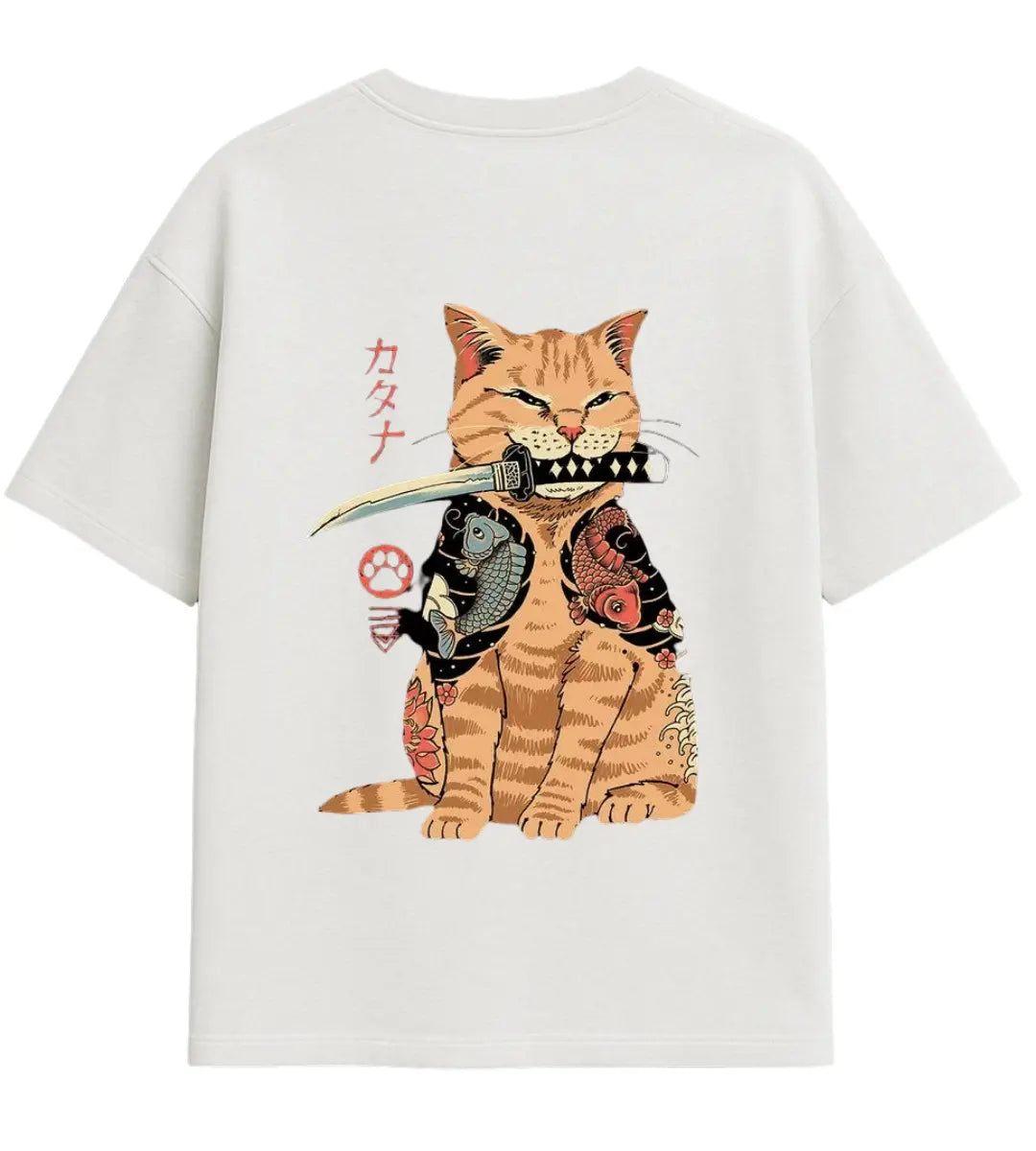 Samurai Cat Katana Oversize T-Shirt Lorinfo