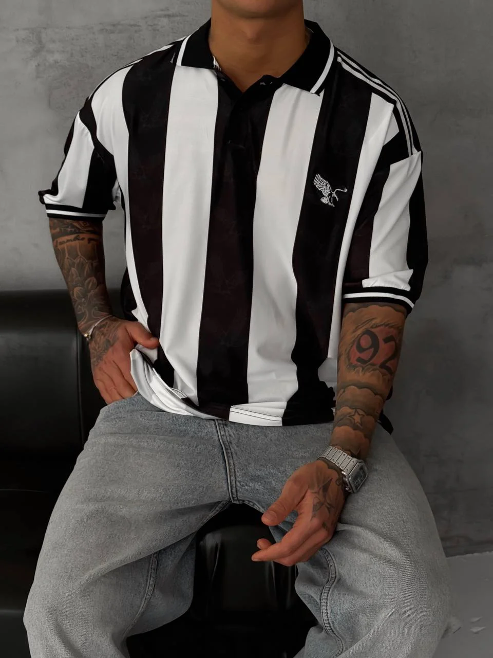 Taraftar Polo Yaka Oversize T-shirt Siyah Beyaz