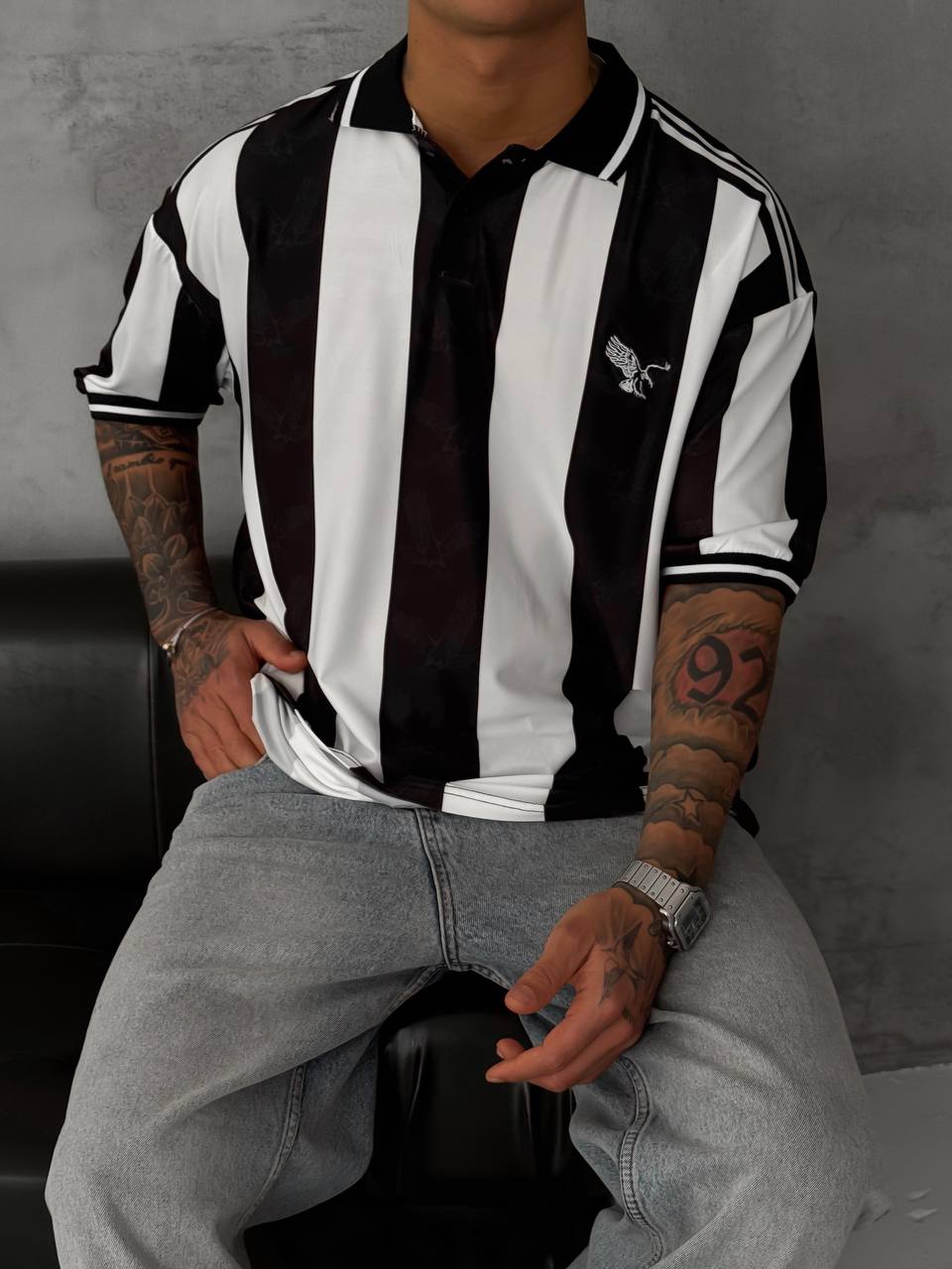 Taraftar Polo Yaka Oversize T-shirt Siyah Beyaz 1