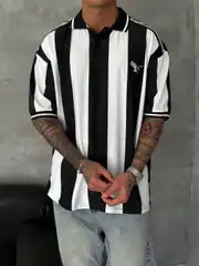 Taraftar Polo Yaka Oversize T-shirt Siyah Beyaz 5