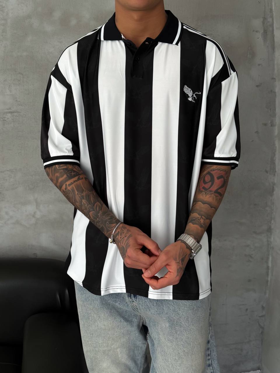 Taraftar Polo Yaka Oversize T-shirt Siyah Beyaz 5