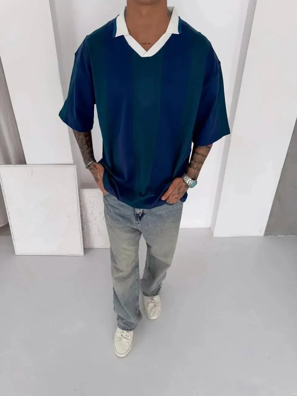 Vintage V Yaka Oversize Tişört - Mavi/Yeşil