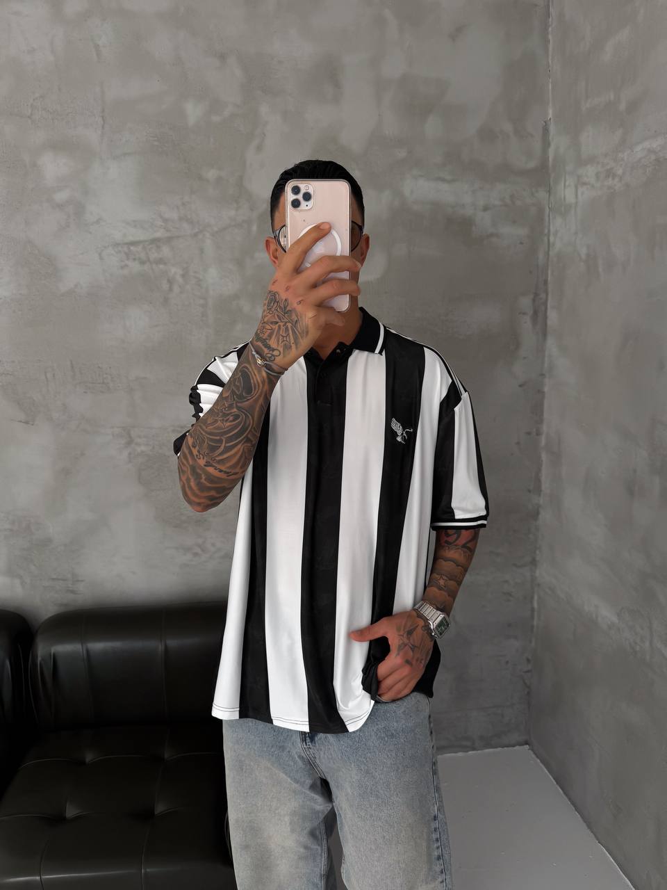 Taraftar Polo Yaka Oversize T-shirt Siyah Beyaz 3